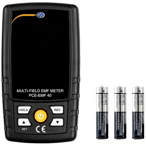 Ein schwarzes Multifeld-EMF-Messgerät mit drei danebenliegenden Batterien.
